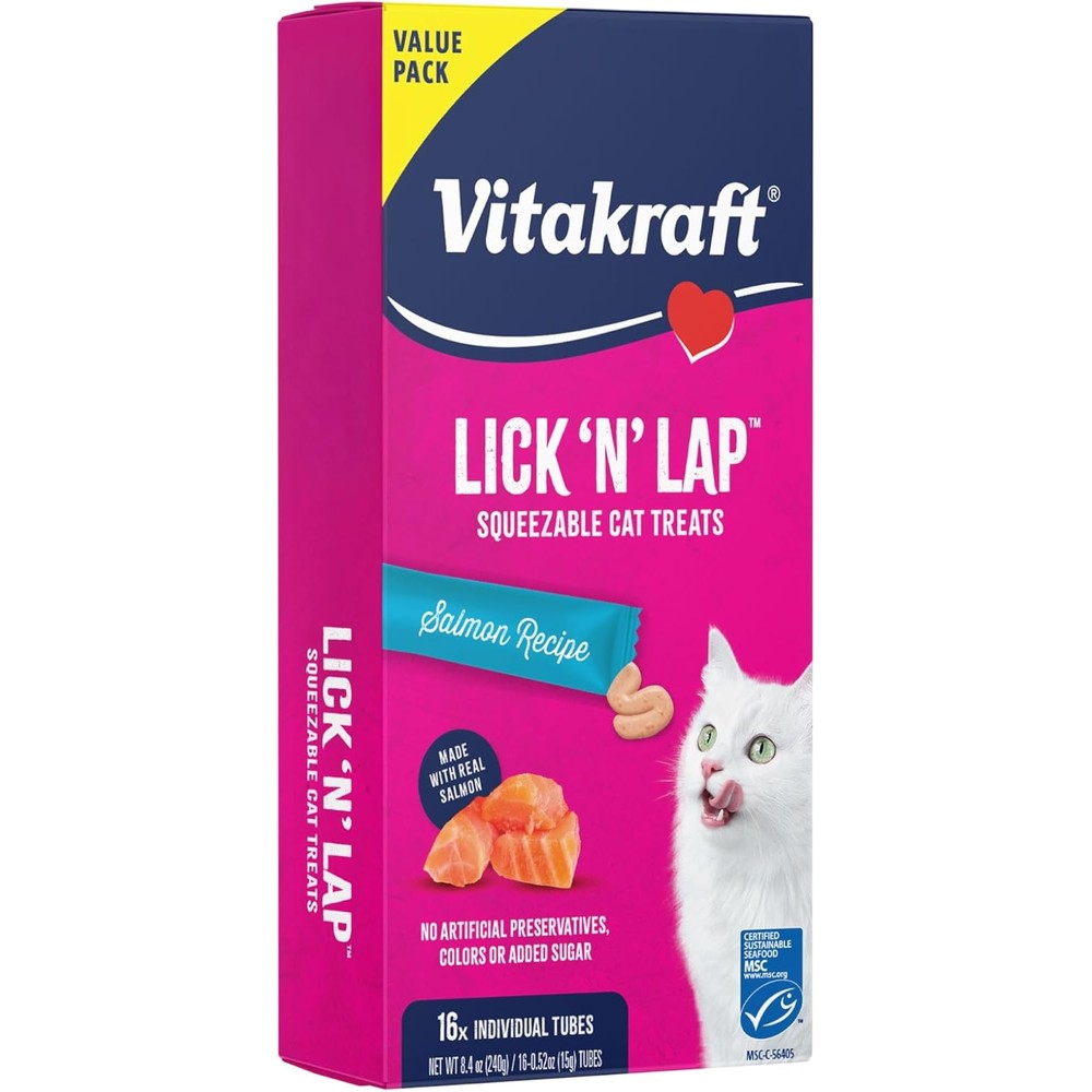 Vitakraft Lick N Lap Real Salmon Squeezeable Liquid Cat Treats, Salmon Broth Ingredient, No Artificial Preservatives, 0.52 Ounce Tubes, 16 Count