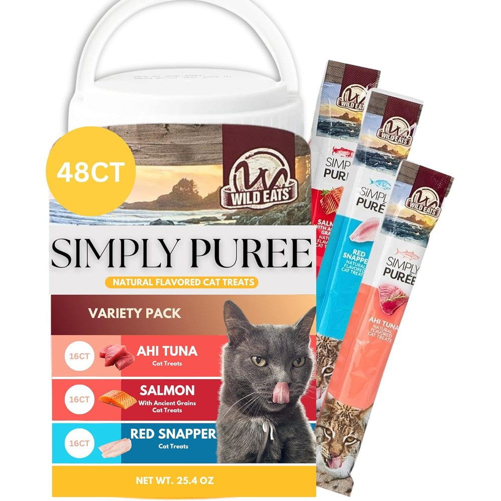Wild Eats Simply Puree Variety Tub For Cats 48 Individual Servings Of All Natural High Protein Puree Treats In Ahi Tuna Salmon And Red Snapper