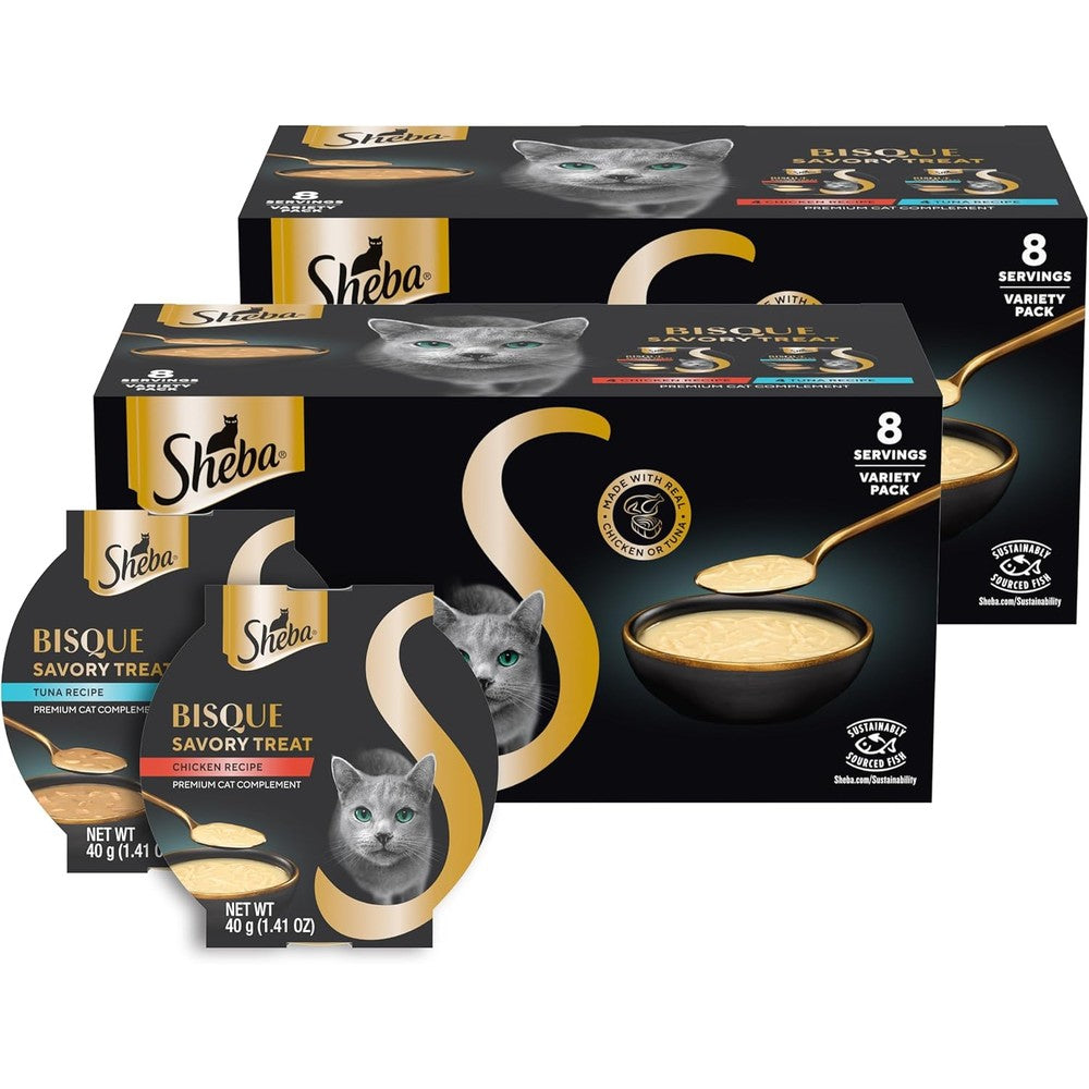 Sheba Bisque Lickable Cat Treats And Cat Food Toppers, Chicken And Tuna Recipes, 1.4 Ounce Bowls, 8 Count Pack Of 2