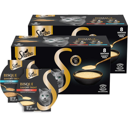 Sheba Bisque Lickable Cat Treats And Cat Food Toppers, Chicken And Tuna Recipes, 1.4 Ounce Bowls, 8 Count Pack Of 2