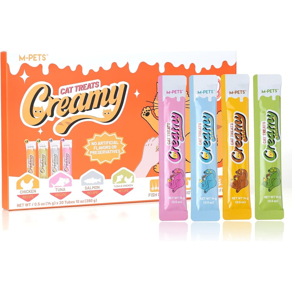 M-Pets Creamy Lickable Cat Treats 4 Flavor Variety Pack 20 Tubes Healthy Grain Free High Protein Squeeze Up Snacks For Skin And Coat