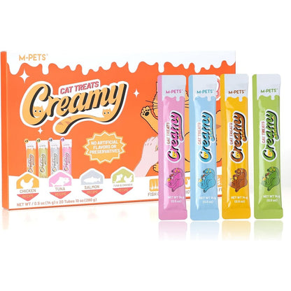 M-Pets Creamy Lickable Cat Treats 4 Flavor Variety Pack 20 Tubes Healthy Grain Free High Protein Squeeze Up Snacks For Skin And Coat