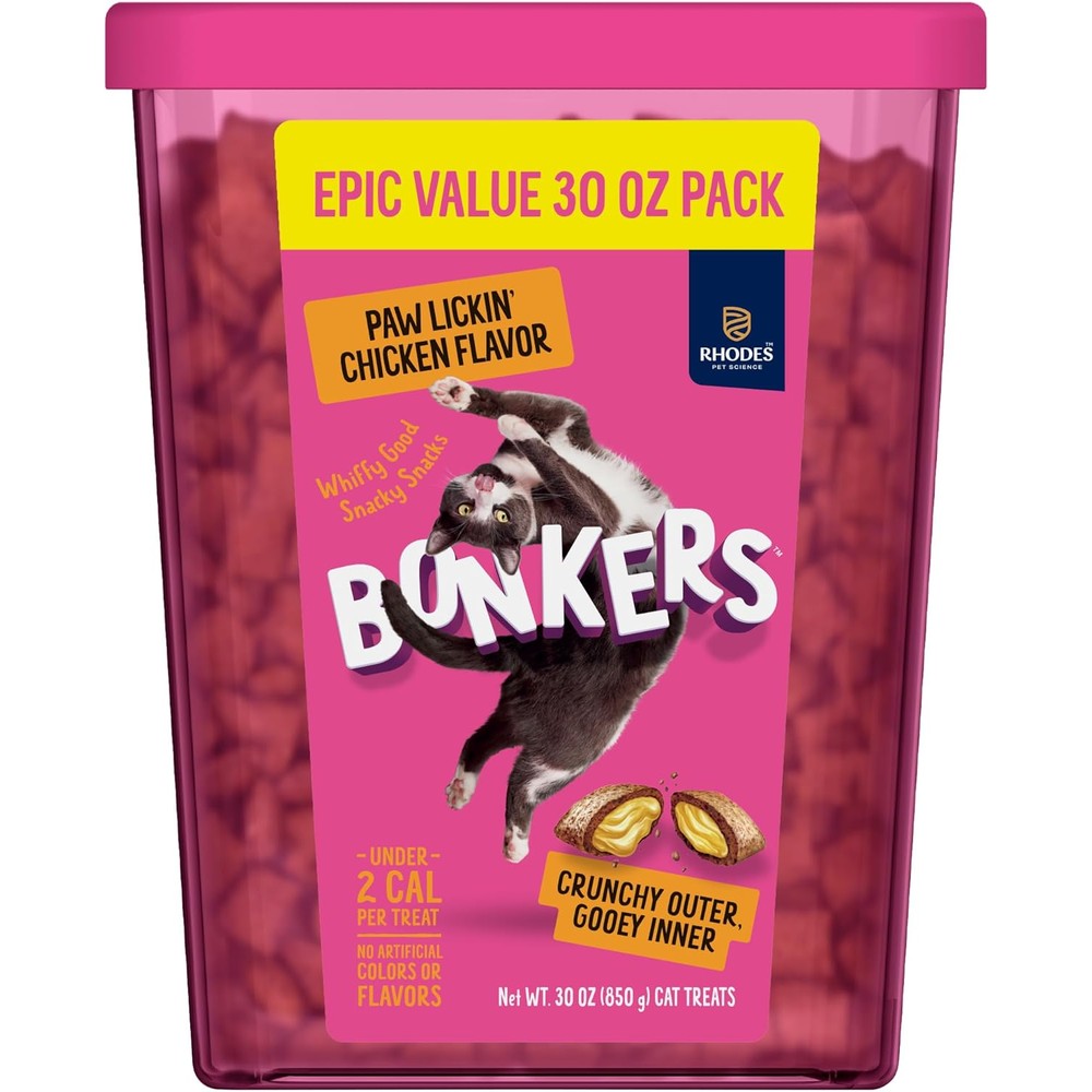 Bonkers Bites Paw Lickin Chicken Grain Free Crunchy Cat Treats 30 Ounce Tub Imported USA Formula