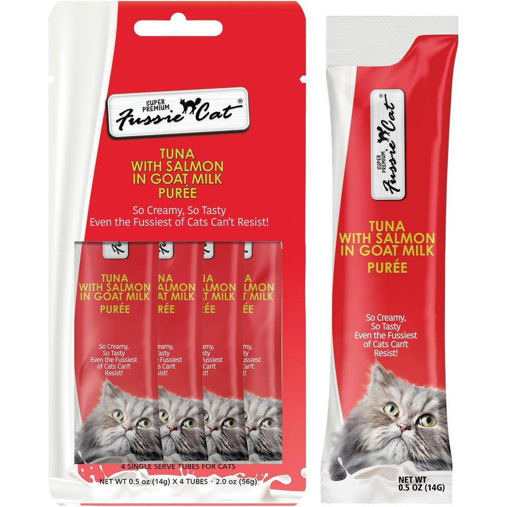 Fussie Cat Premium Tuna With Salmon In Goat Milk Puree Lickable Cat Treats 0.5 Ounce Pouch Pack Of 4