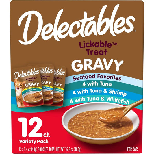 Hartz Delectables Lickable Treat Gravy Seafood Variety Wet Cat Treat And Food Topper 1.4 Ounce Pouch 12 Count Pack