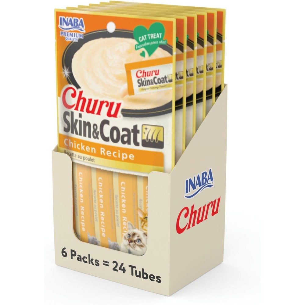 Inaba Churu For Skin And Coat Lickable Squeezable Cat Treat Chicken Recipe 24 Tubes 0.5 Ounces Each