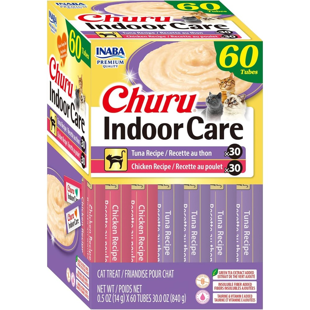 Inaba Churu Indoor Care For Hairball Control Functional Lickable Cat Treat With Taurine And Green Tea Extract, 0.5 Ounce Each, 60 Tubes Total, Tuna...