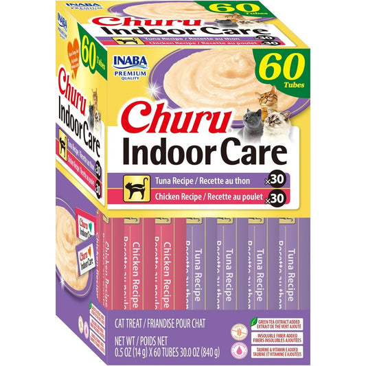 Inaba Churu Indoor Care For Hairball Control Functional Lickable Cat Treat With Taurine And Green Tea Extract, 0.5 Ounce Each, 60 Tubes Total, Tuna...