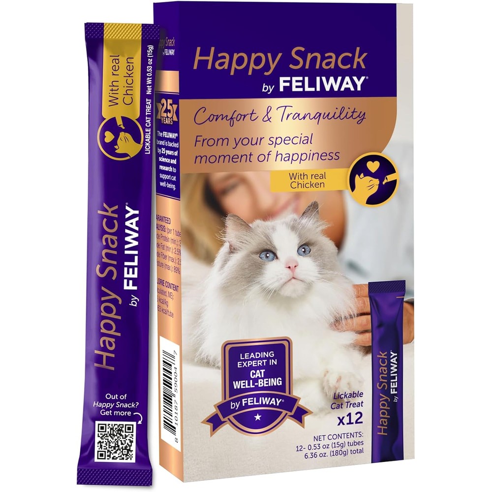 Feliway Happy Snack Delicious Lickable Squeezable Puree Cat Treats For Daily Calming Routine Made With Real Chicken 12 Pack 0.5 Ounce Tubes