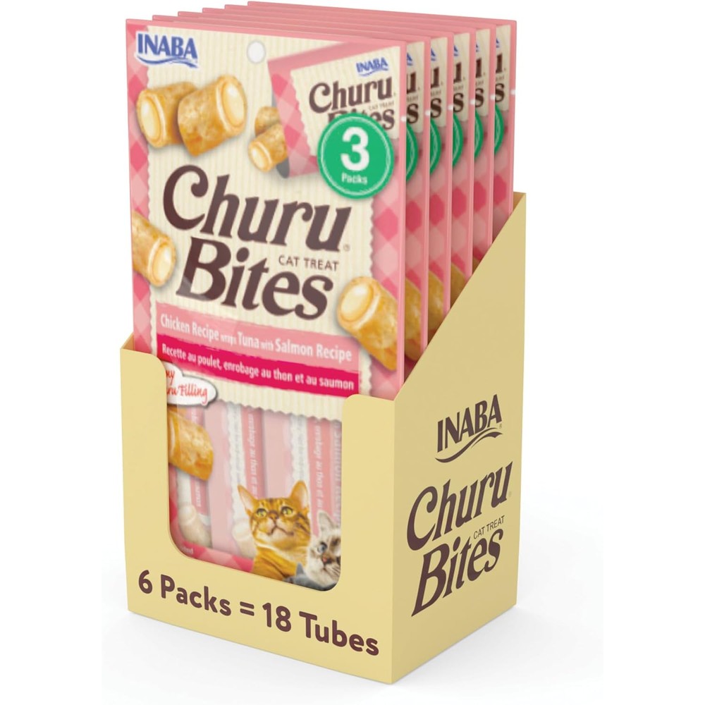 Inaba Churu Bites Soft Baked Chicken With Creamy Tuna And Salmon Filling Cat Treats, 18 Tubes Total, 0.35 Ounces Per Tube