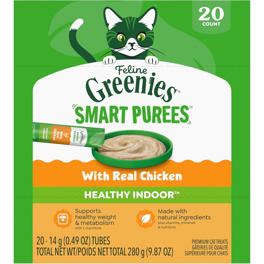 Feline Greenies Smart Purees Healthy Indoor Lickable Cat Treats With Real Chicken, 0.49 Ounce Tubes, 20 Count