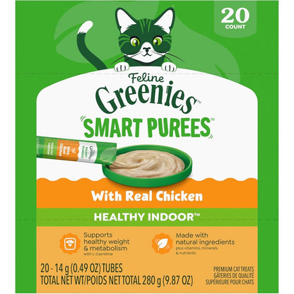 Feline Greenies Smart Purees Healthy Indoor Lickable Cat Treats With Real Chicken, 0.49 Ounce Tubes, 20 Count