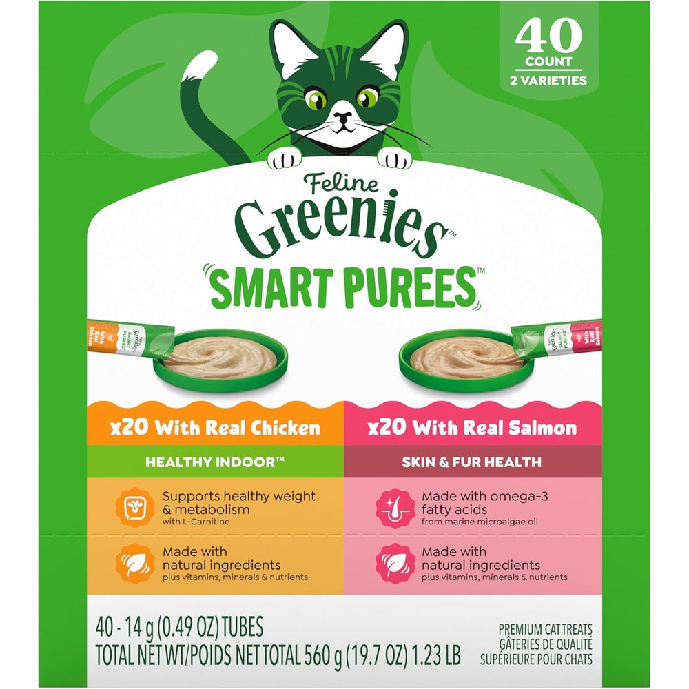 Feline Greenies Smart Purees Healthy Indoor And Skin And Fur Health Lickable Cat Treats With Real Chicken And Salmon 40 Count