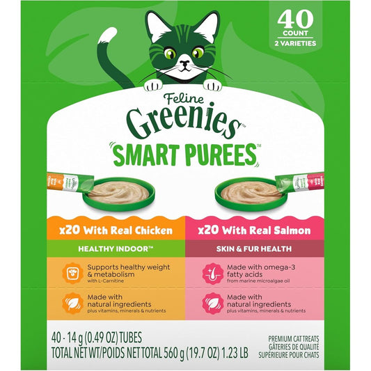 Feline Greenies Smart Purees Healthy Indoor And Skin And Fur Health Lickable Cat Treats With Real Chicken And Salmon 40 Count