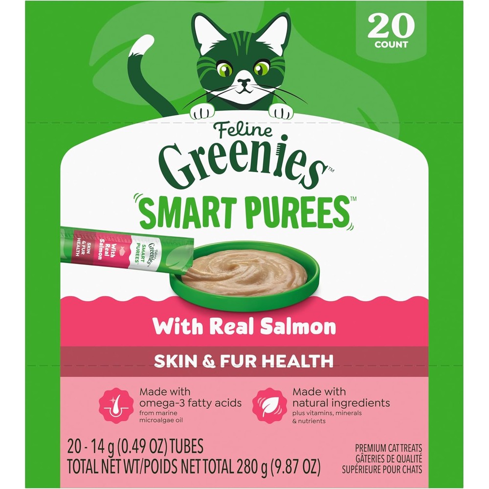 Feline Greenies Smart Purees Skin And Fur Health Lickable Cat Treats With Real Salmon 0.49 Ounce Tubes 20 Count