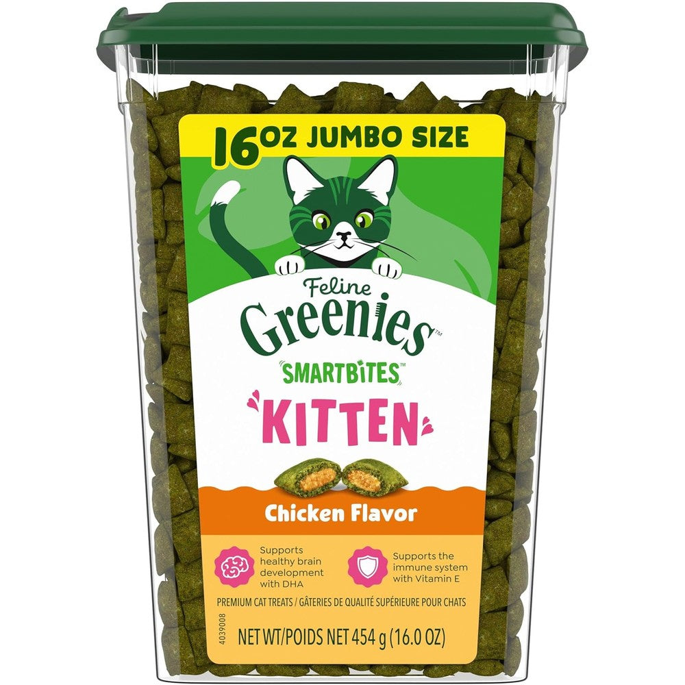 Greenies Feline Smartbites Healthy Kitten Treats, Chicken Flavor, Crunchy And Soft Dual Texture Natural Cat Treats, 16 Ounce Tub