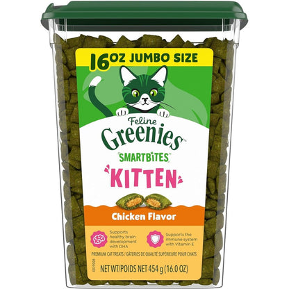 Greenies Feline Smartbites Healthy Kitten Treats, Chicken Flavor, Crunchy And Soft Dual Texture Natural Cat Treats, 16 Ounce Tub
