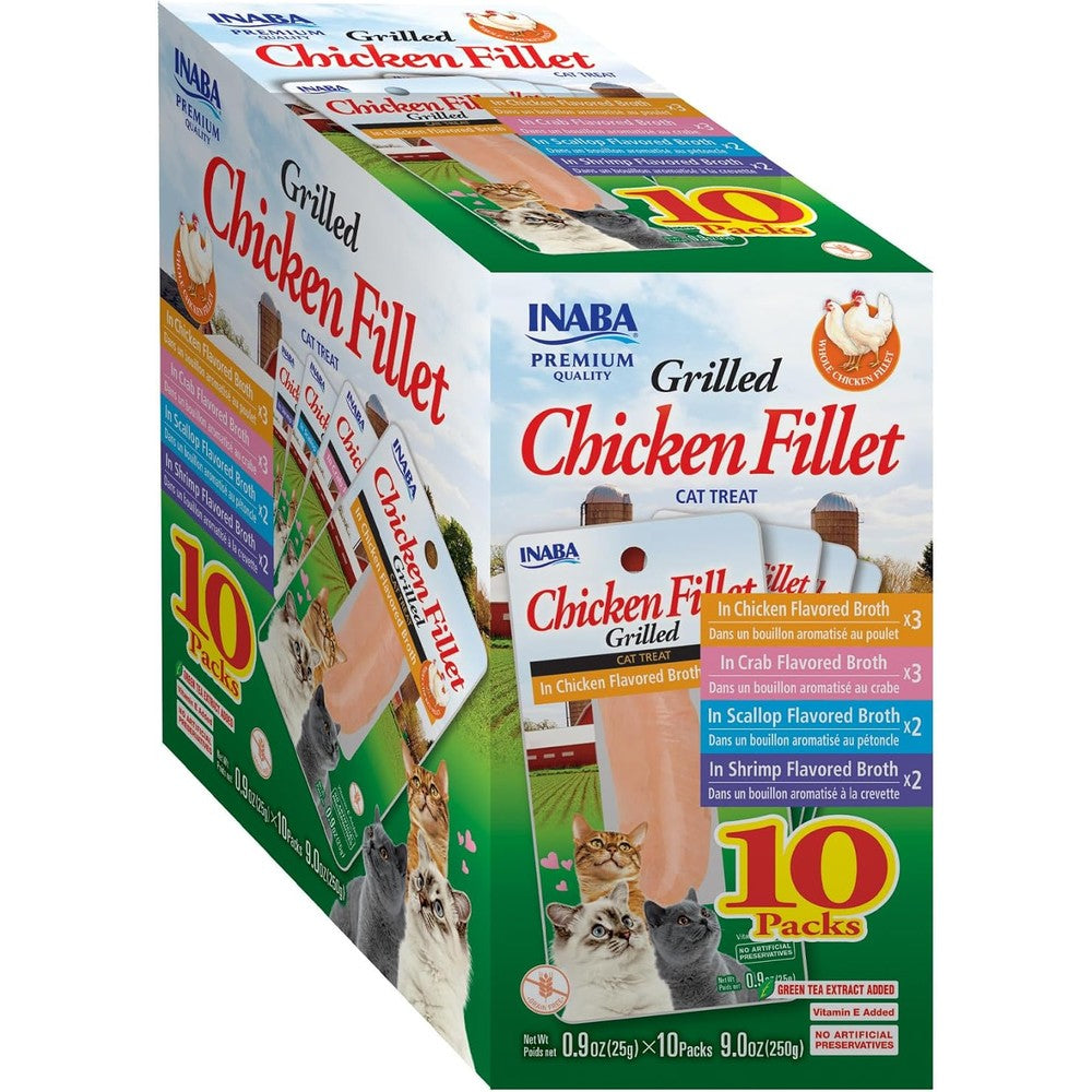 Inaba Premium Grilled Chicken Fillet Cat Treats With Vitamin E And Green Tea Extract, 0.9 Ounces Each, Pack Of 10, Variety Box