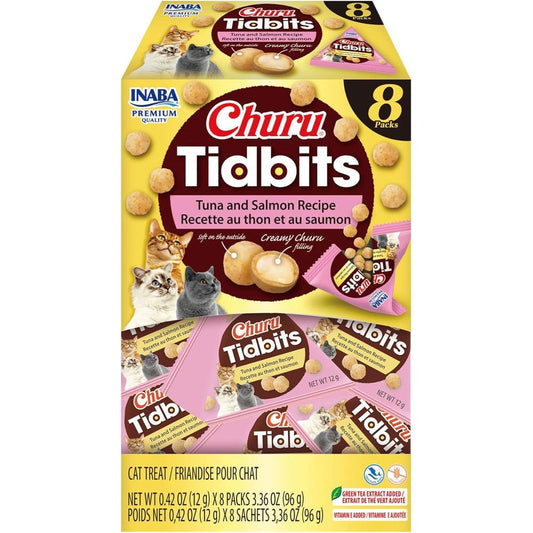 Inaba Churu Tidbits Soft And Chewy Cat Treats Baked Chicken With Tuna And Salmon Recipe 0.42 Ounces Each 8 Packs Total