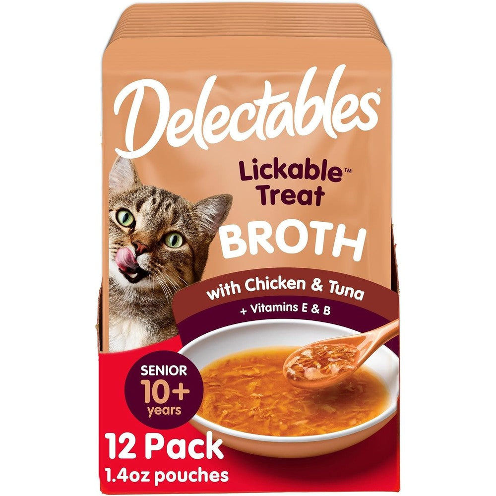 Delectables Lickable Treat Savory Broth Senior 10 Plus Wet Cat Treats With Real Chicken And Tuna 1.4 Ounce Pouch 12 Count Pack