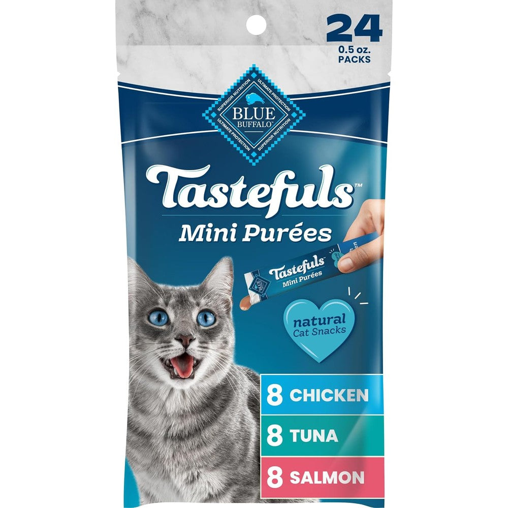 Blue Buffalo Tastefuls Mini PurÃ©es Natural Cat Treats Chicken Tuna And Salmon Variety Pack 24 Count 0.5 Ounce Single Servings