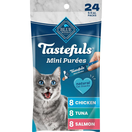 Blue Buffalo Tastefuls Mini PurÃ©es Natural Cat Treats Chicken Tuna And Salmon Variety Pack 24 Count 0.5 Ounce Single Servings