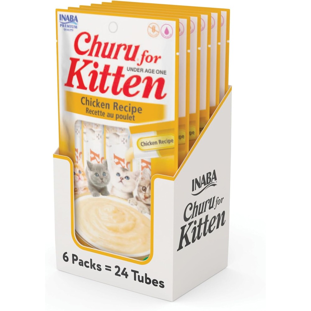 Inaba Churu For Kittens Grain-Free Creamy Puree Lickable Cat Treats Chicken Recipe 24 Tubes 0.5 Ounces Each