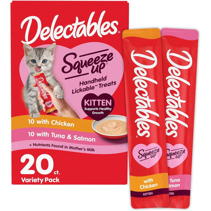 Hartz Delectables Squeeze Up Kitten Variety Pack, Creamy Squeezable Puree, Lickable Wet Cat Treats, Grain Free, 0.5 Ounces Tube, 20 Tubes Total