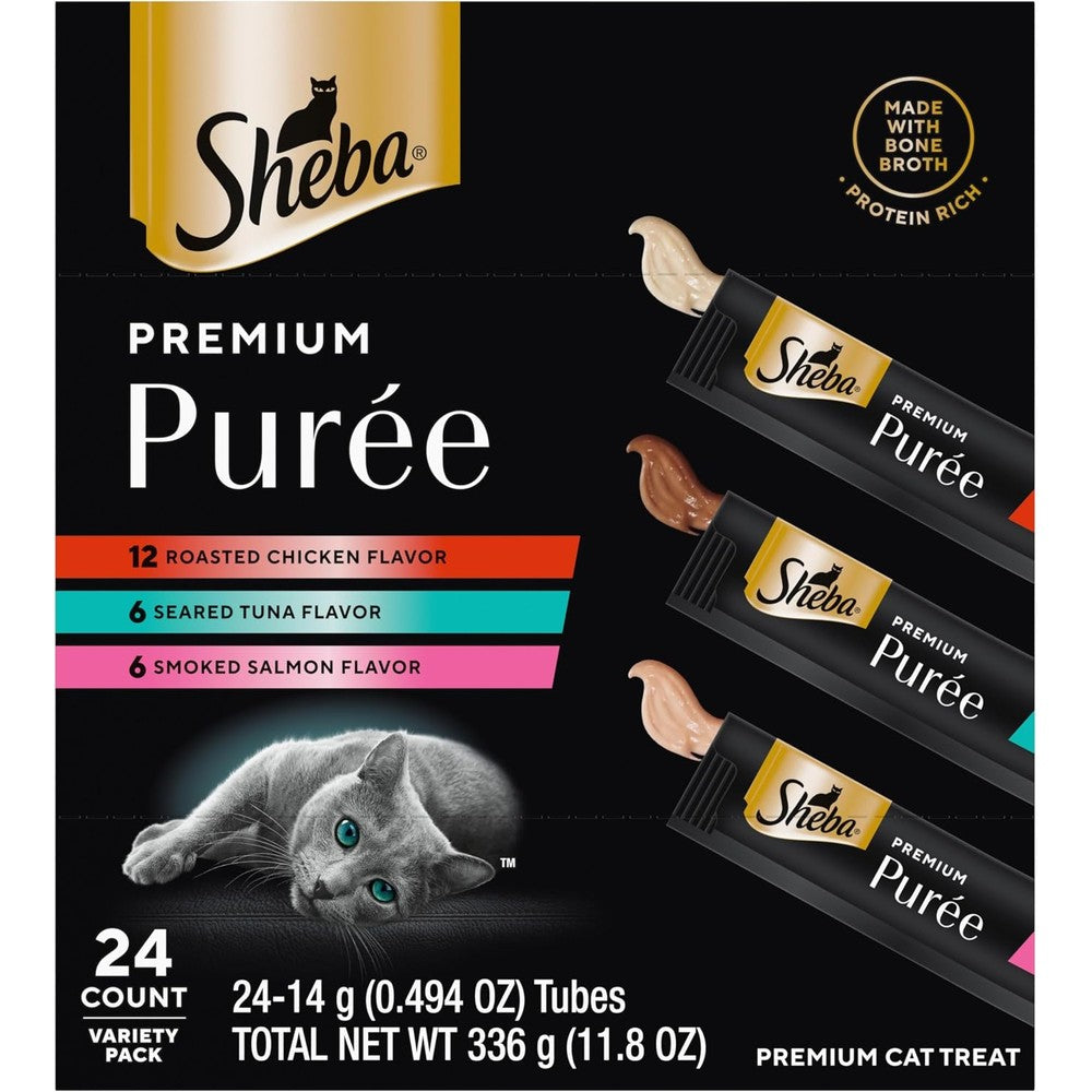 Sheba Premium Puree Lickable Cat Treats Variety Pack Roasted Chicken Smoked Salmon And Seared Tuna Flavor 0.49 Ounce Tubes 24 Count