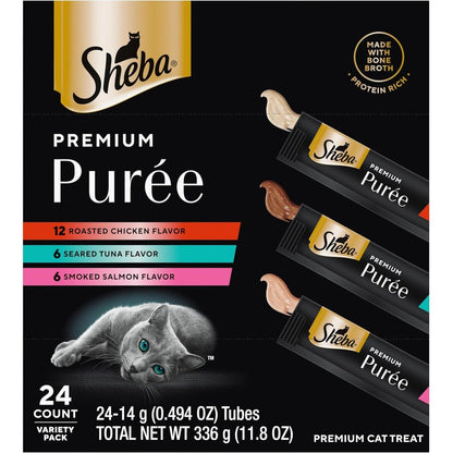 Sheba Premium Puree Lickable Cat Treats Variety Pack Roasted Chicken Smoked Salmon And Seared Tuna Flavor 0.49 Ounce Tubes 24 Count