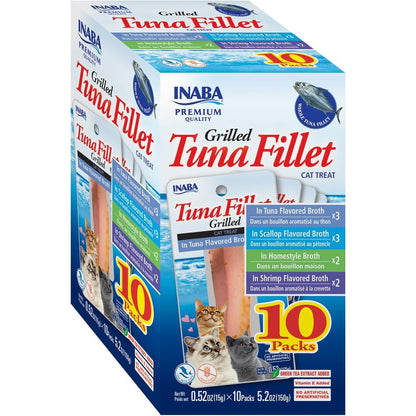 Inaba Premium Grilled Tuna Fillet Cat Treats With Vitamin E And Green Tea Extract 0.52 Ounces Each Pack Of 10 Variety Box