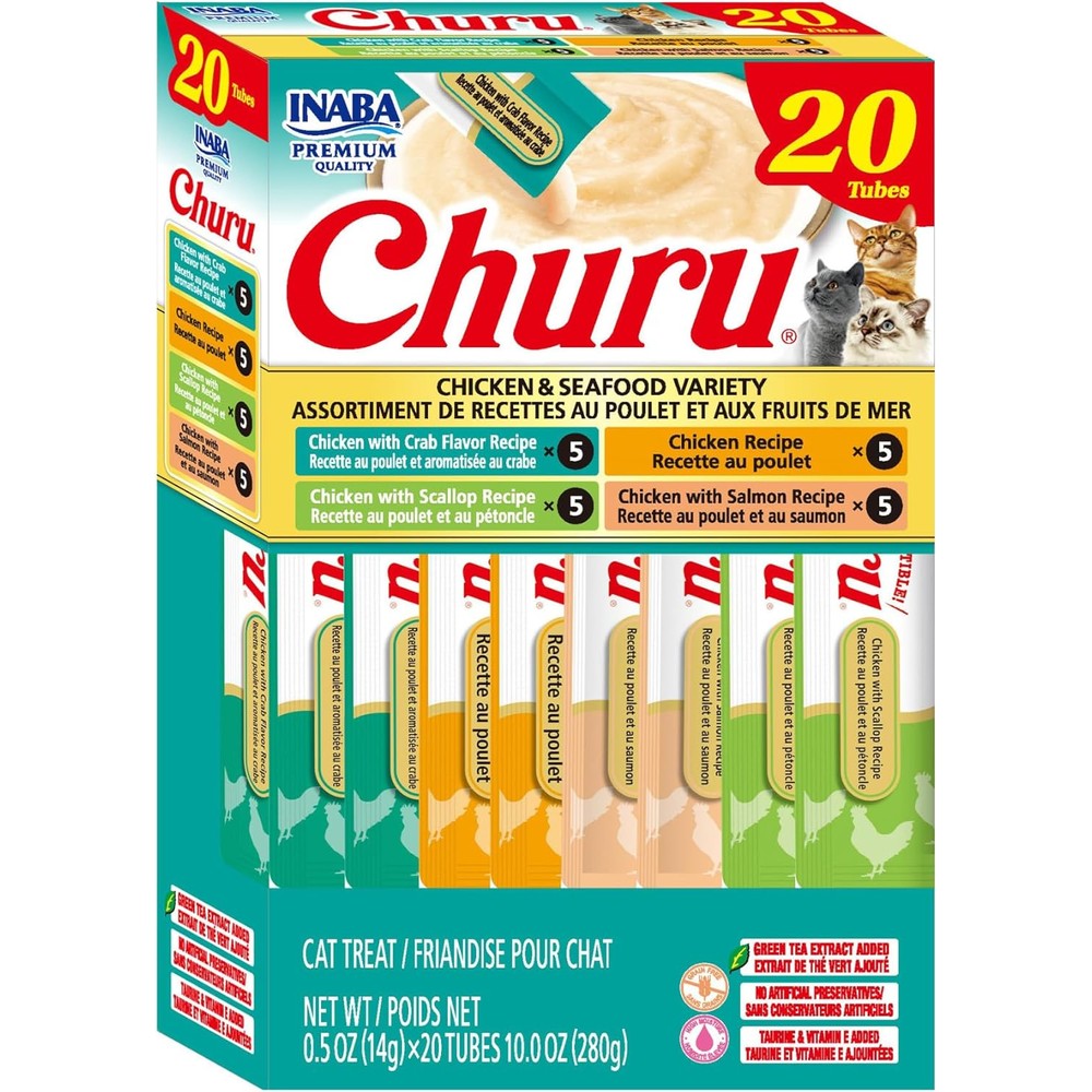 Inaba Churu Cat Treats Lickable Squeezable Creamy Puree With Green Tea Extract And Taurine Chicken And Seafood Variety Pack 20 Tubes 0.5 Ounces Each
