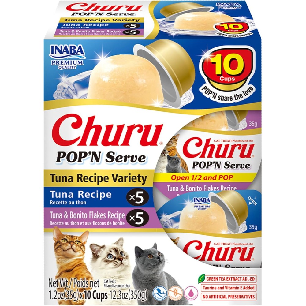 Inaba Churu Pop'N Serve Jelly Cat Treat With Vitamin E And Taurine, 1.2 Ounce Cup, 10 Cups, Tuna Variety