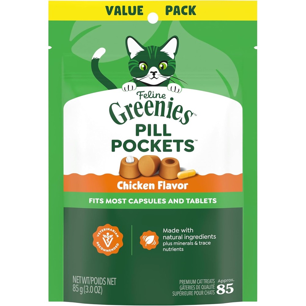 Greenies Feline Pill Pockets Natural Soft Cat Treats Chicken Flavor 3 Ounce Pouch 85 Treats