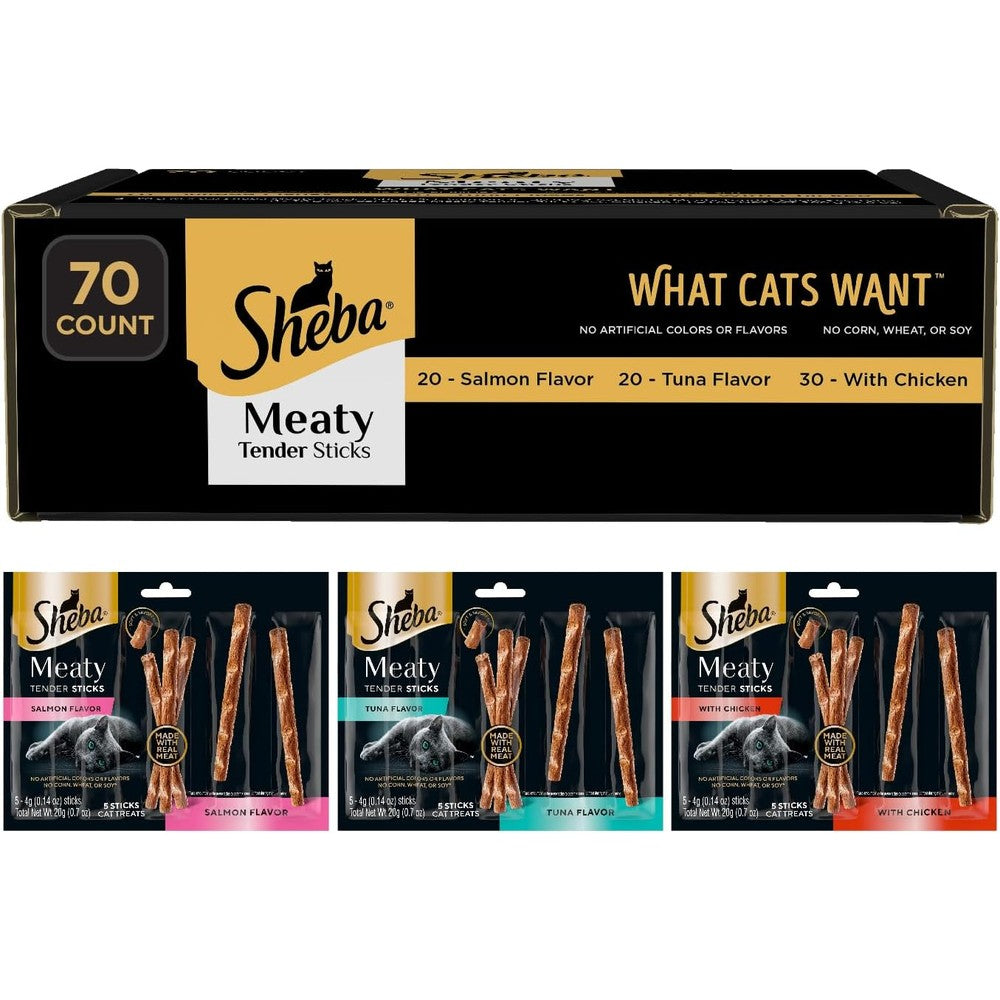 Sheba Meaty Tender Sticks Cat Treats With Chicken Tuna And Salmon Flavor 0.14 Ounce 70 Count Variety Pack For Adult Cats