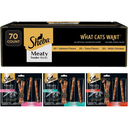 Sheba Meaty Tender Sticks Cat Treats With Chicken Tuna And Salmon Flavor 0.14 Ounce 70 Count Variety Pack For Adult Cats