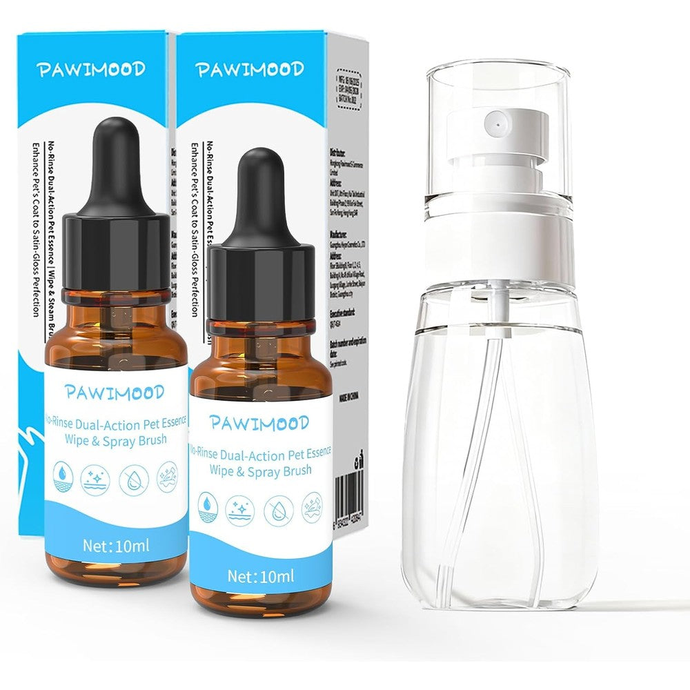 Pawimood No Rinse Coat Care Essence front view of two pack packaging with spray bottle.