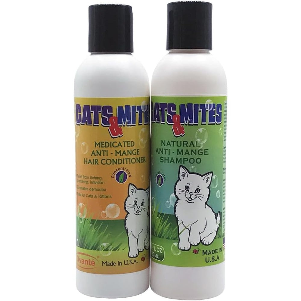 Ovante Cat Anti Mange Shampoo and Conditioner Set front view showing the twelve ounce bottles for feline skin mite treatment.