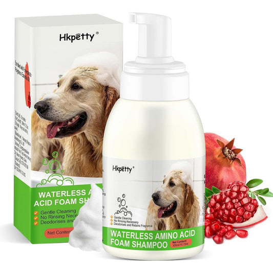 Hkpetty waterless dog shampoo and conditioner front view of the pomegranate foam bottle.