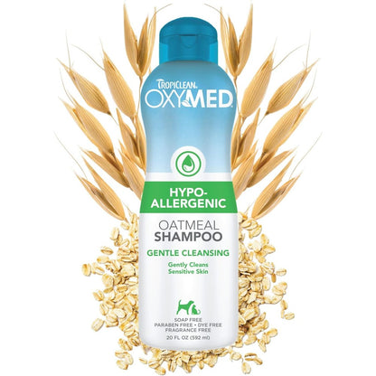 TropiClean OxyMed Hypoallergenic Pet Shampoo front view bottle for dog allergy relief.