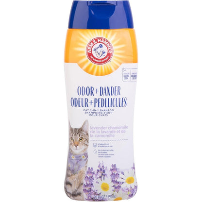 Arm & Hammer 2-in-1 Deodorizing and Dander Reducing Cat Shampoo front view showing the packaging and lavender scent.