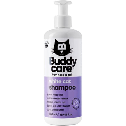 Buddycare White Cat Shampoo front view of the brightening formula bottle