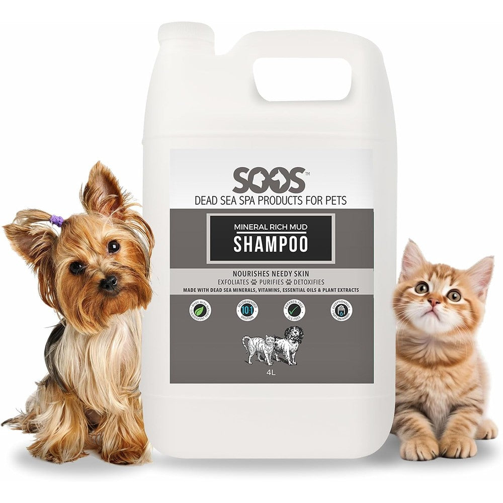 Soos Pets Mineral Rich Mud Shampoo 4 Liters bottle front view showcasing Dead Sea mineral pet care.