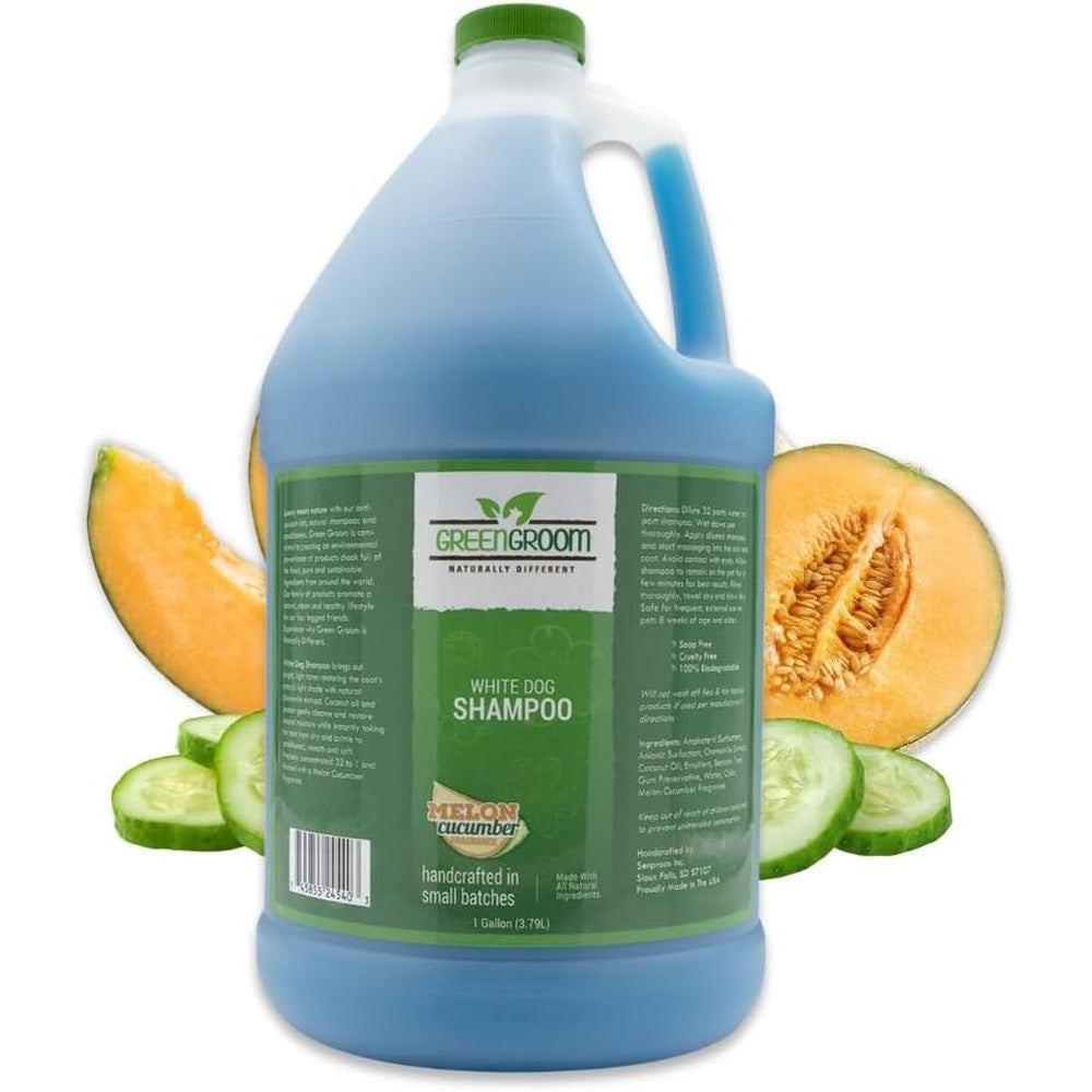 Green Groom White Dog Shampoo front view of one gallon professional bottle