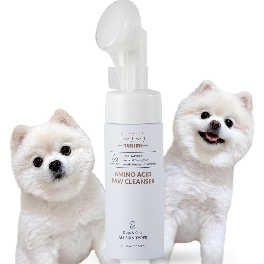 Yukimi Premium Amino Acid Paw Cleanser front view showing the 5.0 fluid ounce bottle and built-in brush.