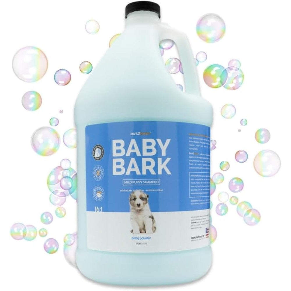 Bark2Basics Baby Bark Puppy Shampoo front view of professional dog grooming gallon bottle.