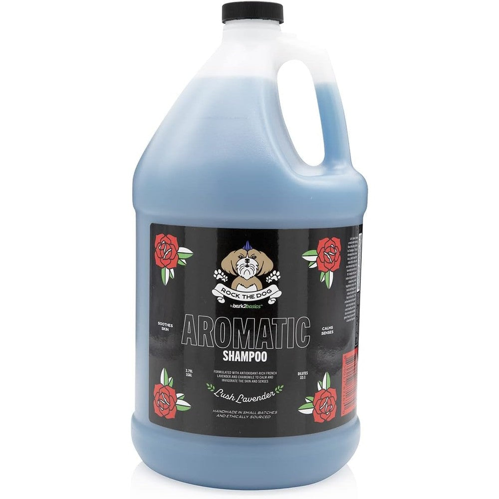 Bark2Basics Rock The Dog Aromatic Pet Shampoo front view of the professional one gallon bottle.