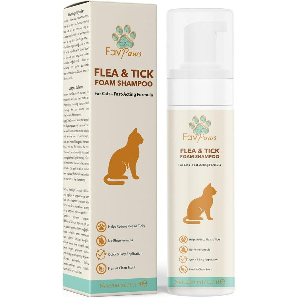 Fav Paws Flea and Tick Cat Waterless Foam Shampoo bottle front view for cat grooming