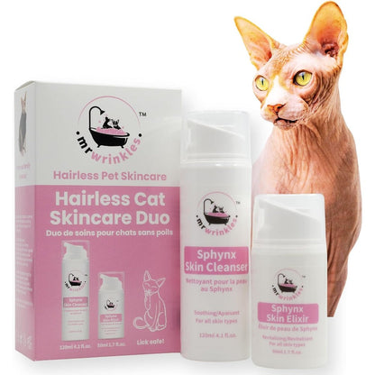 Mr Wrinkles Sphynx Cat Skin Care Duo front view of cleanser and elixir bottles for hairless cat grooming.