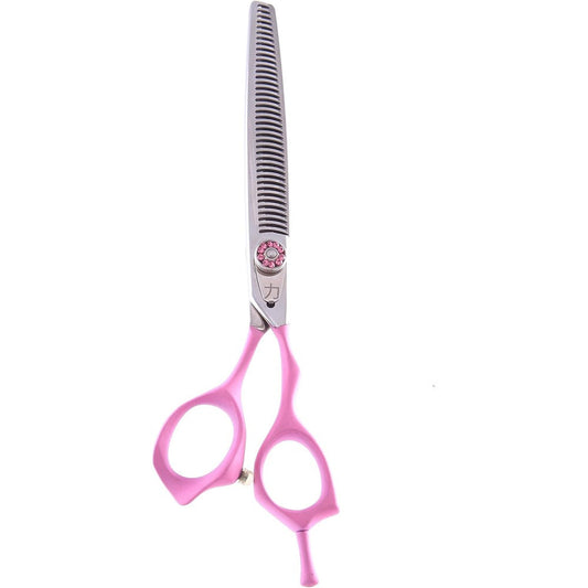 ShearsDirect Japanese 440C 40-tooth thinning shears with pink rubber handle and gemstone tension knob